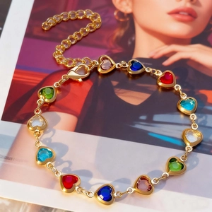 Chic gold alloy bracelet featuring multi-color heart-shaped zircon stones and lobster clasp