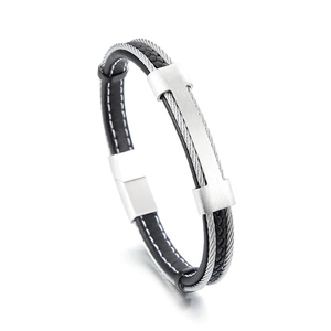 Retro stainless steel and black leather braided bracelet with magnetic buckle and wire trim