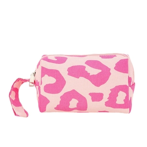 Pink leopard print canvas makeup bag with metal zipper and handle on white background