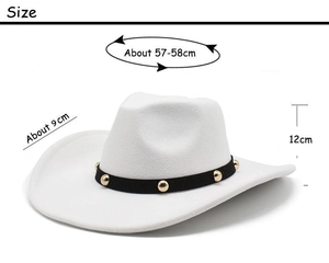 Détails des dimensions du chapeau en feutre blanc avec bord de 9cm et tour de 57-58cm