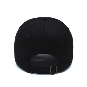 Rear view of black cotton baseball cap with adjustable vintage bronze metal buckle