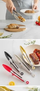 Kitchen silicone food tongs in red black white and yellow with stainless steel frame