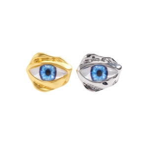 Irregular resin evil eye open ring in gold and silver finish with realistic blue iris