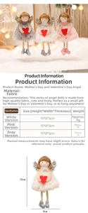 Detailed dimensions of plush angel ornament showing height of 15cm and width of 9cm