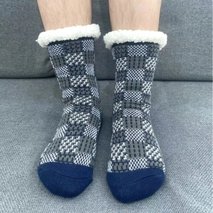 Men House Socks Knitted Plaid Sherpa Fleece Lined Warm Non Slip Indoor Home Slipper Socks Winter