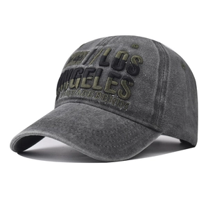 Detailed view of Los Angeles 3D embroidery on vintage washed grey baseball cap