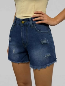 Short en jean bleu à taille haute pour femme avec déchirures et ourlet effiloché vintage