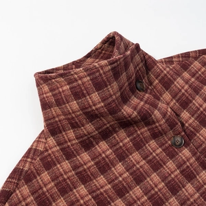 Brown plaid wool coat featuring a stand collar and high-quality fiber texture for autumn