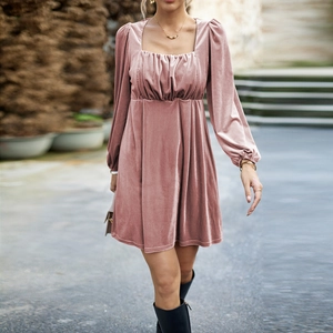 Dames Fluwelen Jurk Vierkante Hals Pofmouwen Lange Mouwen A-Lijn Hoge Taille Effen Kleur Elegant Slim Fit Mini Jurk