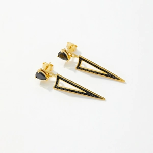 Elegant gold S925 silver earrings with black triangle and heart-shaped stones