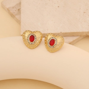 Vintage heart earrings with red crystal center and white rhinestones on gold base