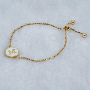 Adjustable 18K gold plated stainless steel box chain bracelet with shell letter M charm