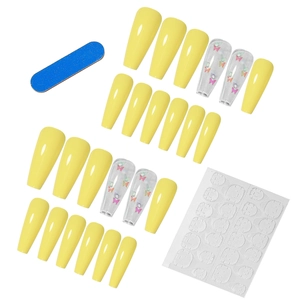 Long coffin fake nails set featuring yellow and butterfly pearl designs with glue tabs
