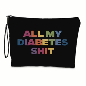 Detail of black canvas organizer bag with colorful All My Diabetes Shit text print