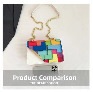 Close-up of contrast color chain bag with geometric puzzle flap and lychee grain leather