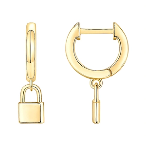 Detail of gold S925 silver lock pendant earrings with a polished octagonal star diamond finish