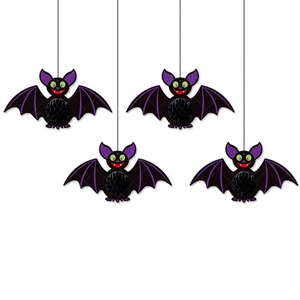 Set of four 3D Halloween bat honeycomb paper ornaments with purple wings for party hanging