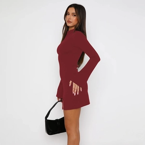 Robe courte moulante bordeaux à col montant avec manches longues et fente
