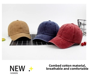 Breathable combed cotton washed baseball caps in brown, navy, and red colors