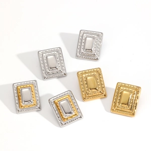 Three pairs of rectangular stainless steel earrings in gold, silver and mixed tones