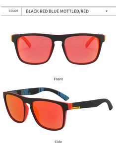 Detail of polarized sunglasses with red and black frame showing the inner tiger pattern