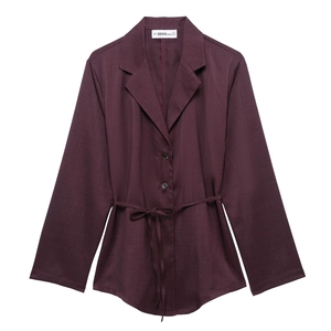 Women Long Sleeve Belted Blouse Lapel Button Down Solid Color Woven Polyester Commuter Office Shirt Tops