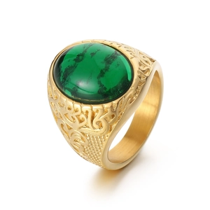Vintage Viking rune ring for men in gold titanium steel with large green oval gemstone