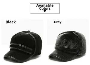 Detail view of winter baseball cap with faux mink fur and leather trim in black and grey
