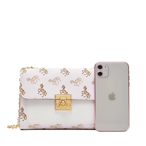 Mini floral shoulder bag in white and brown with gold chain strap beside a phone for scale
