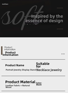 Detailed specs of black leather and wood portrait bust stand for necklace display
