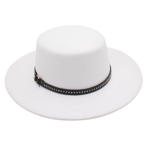 Detail of white felt flat top hat with black leather band and gold stud embellishments