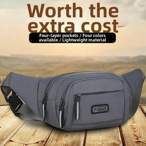 Detail of multi-layered dark grey waterproof sports waist bag with four zipper pockets