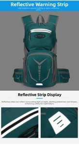 Detail of teal cycling backpack showing high-visibility reflective strips for safety