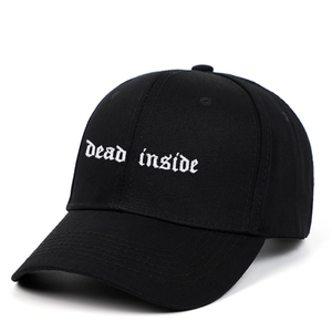 Classic black cotton baseball cap with white dead inside gothic embroidery detail