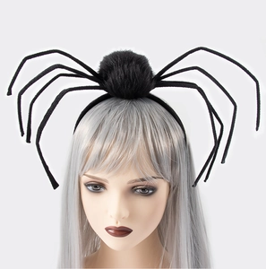 Detail of a black plush spider headband for Halloween cosplay featuring flexible legs