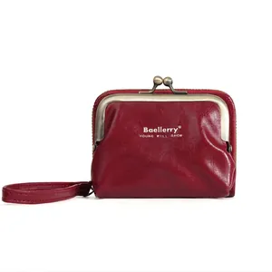 Women Small Wallet PU Leather Lychee Pattern Kiss Lock Zipper Multi Card Slots Retro Coin Purse With Wrist Strap