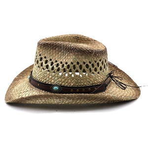 Western straw cowboy hat with turquoise beads and hollow weave design in natural brown