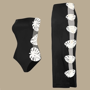Costume Da Bagno Intero Da Donna Body Senza Spalline Nero Bianco Foglia Incavo Nylon Imbottito Vestibilità Slim Mare Sexy Vacanze