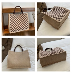Detailed views of checkered linen tote bag showing front, side and bottom angles
