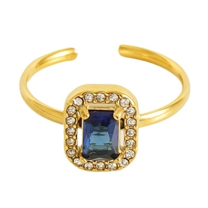Adjustable 18K gold stainless steel ring with a rectangular blue zircon and white diamonds