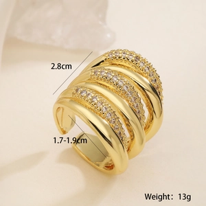 Macro shot of 18K gold plated multi-layer geometric ring with zircon details and dimensions