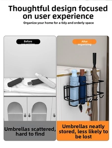 Close-up of black wall-mounted metal umbrella rack with hooks for entryway storage