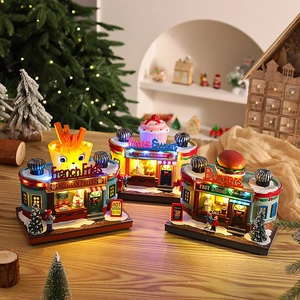 Christmas Village Music Box House Miniature Desktop Ornaments LED Glowing Resin Burger Fries Shop Festive Home Decor