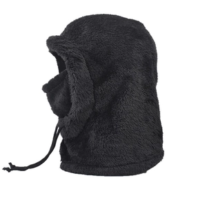 Plush black balaclava hood for winter with adjustable drawstrings and full face protection
