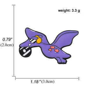 Detail of purple cartoon pterosaur enamel pin with vinyl record and size dimensions