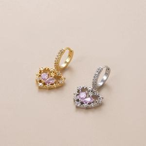 Elegant heart hoop earrings with pink teardrop zircons in gold and silver finish