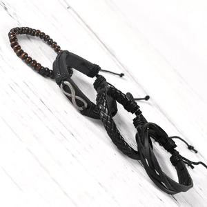 Men's multilayer set with infinity symbol, black braided leather and brown wood beads
