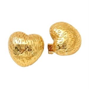 Textured gold heart-shaped titanium steel stud earrings with a vintage metallic finish