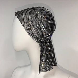 Detail of black rhinestone mesh headscarf with glittering crystals for party fashion