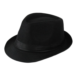 Classic black woven summer fedora hat with satin band for sun protection and style